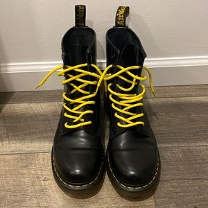 Womens Dr Martens genuine leather boots size 10 black with yellow show strings